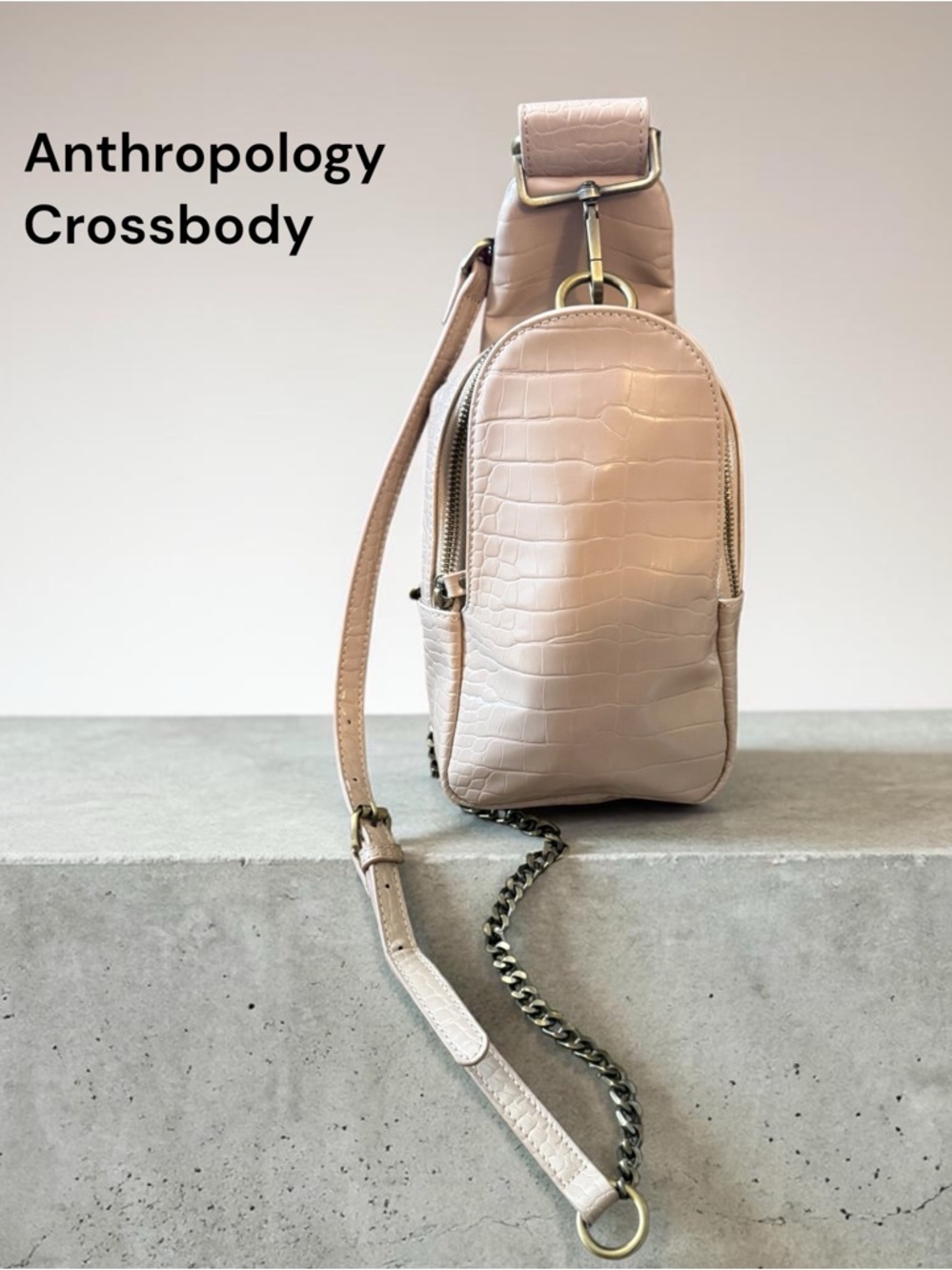 Anthropologie Taupe Croc-Embossed Mini Crossbody Bag Approx 13 X 6”